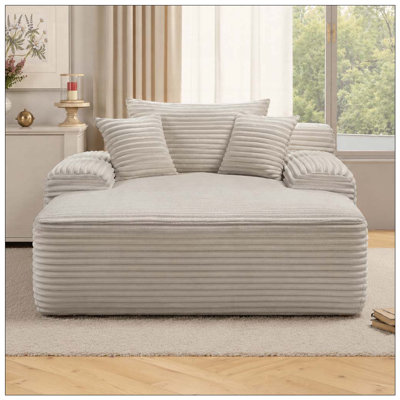 No-Assembly Convertible Chaise Lounge with Wide Armrest, Pillows and Plush Corduroy