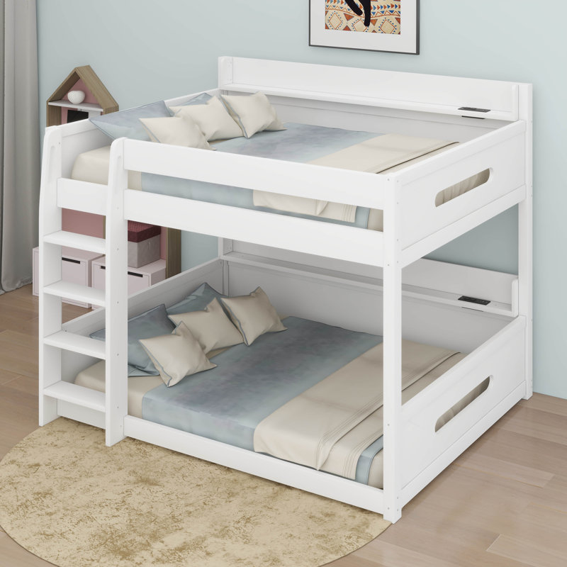 Queen Over Queen Bunk Bed With Storage Shelves & USB Ports, White