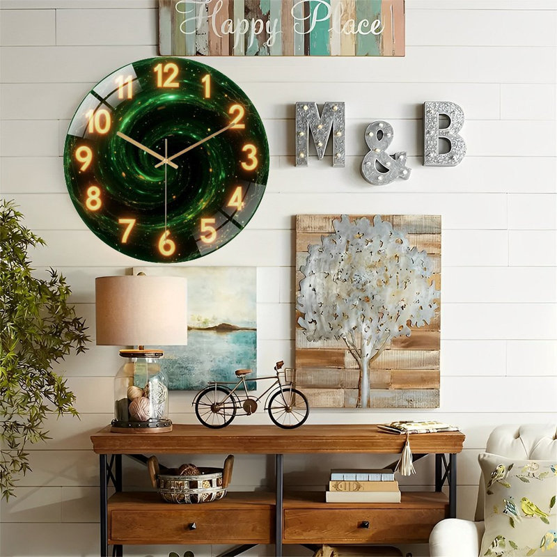 Horloge murale tourbillonnante en forme de galaxie verte - chiffres 12 po