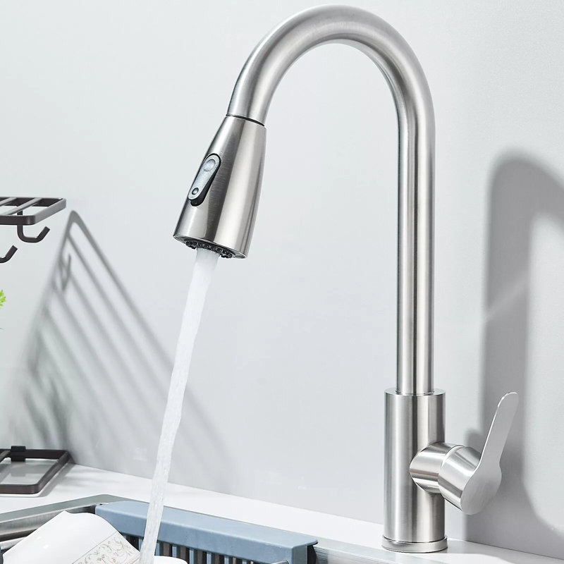 Robinet d'évier de cuisine avec douchette rétractable, Nickel brossé