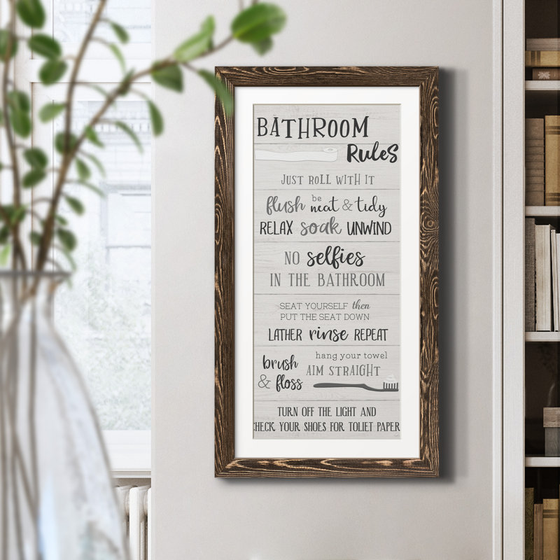 "Bathroom Rules" - Art textuel sur toile, Noyer