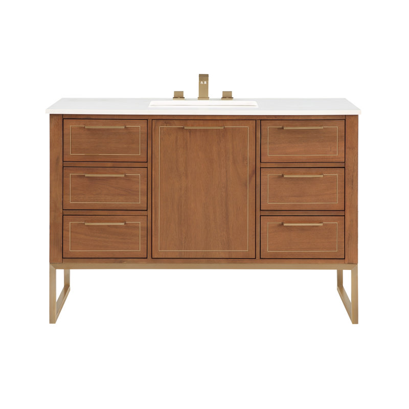 Markham 48'' W Single Vanity, White Quartz, Walnut, Satin Brass