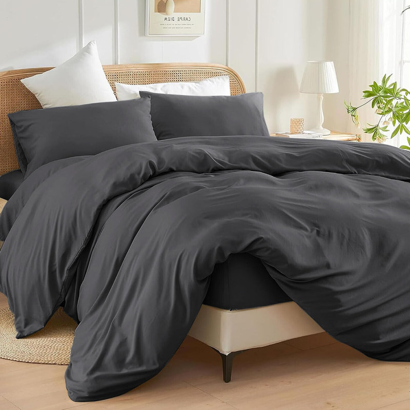 Luxurious 4-Piece Microfiber Duvet Complete Cover Set, Charcoal, Super King Duvet Cover Set + 3 Additional Pieces