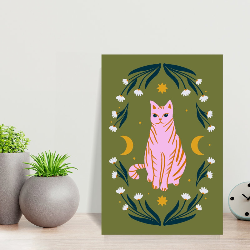 Mystic Pink Cat Abstract Cat Daisy Flower Nature Wall Art Print 1 Piece Wrapped Canvas Wall Art, 45.72cm H x 30.48cm W
