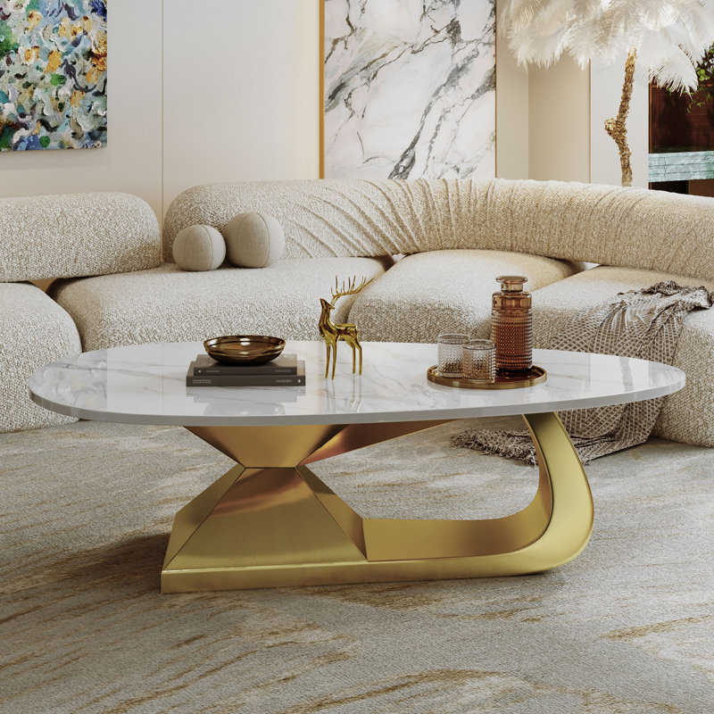 Table basse moderne en pierre frittée avec base en acier inoxydable - Centre de table de salon élégant
