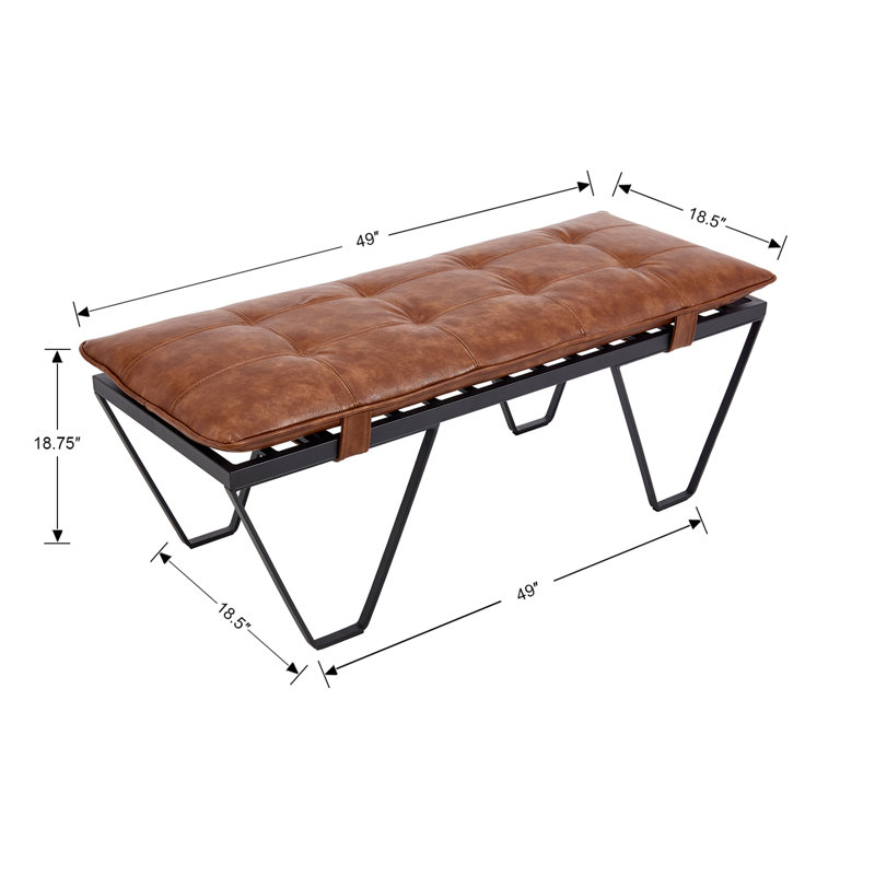 Mid-Century Modern Tufted Faux Leather Upholstered Bench, 49" Wide With Metal Legs, Brown, Black