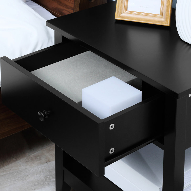 2 tables d'appoint avec tiroir et tablette, noir pour chambre à coucher Spirit Table moderne, tablette de bout