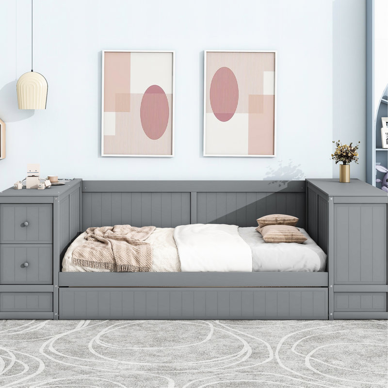 Lit de jour simple gris avec rangement pour papeterie, lit gigogne - Structure fonctionnelle en bois, Grey