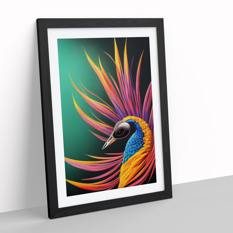 Bold Peacock Art No.5 - Wall Art, Black Framed, 36cm H x 27cm W x 2cm D, White