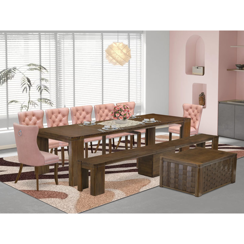 10-Pc Modern Dining Set contains an Extendable Rectangle Kitchen Table, 1 Coffee Table, 7 Polyester Dining Chairs and 1 Bench, Antique Walnut