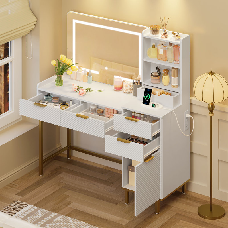 45.3’’L Modern Style Vanity Desk With Mirror, LED Lights And Power Outlet, Bedroom Makeup Vanity Table With Storage Cabinet And 4 Drawers