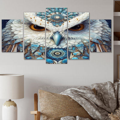 Portrait d'un hibou blanc et turquoise - 5 panneaux muraux Mythique