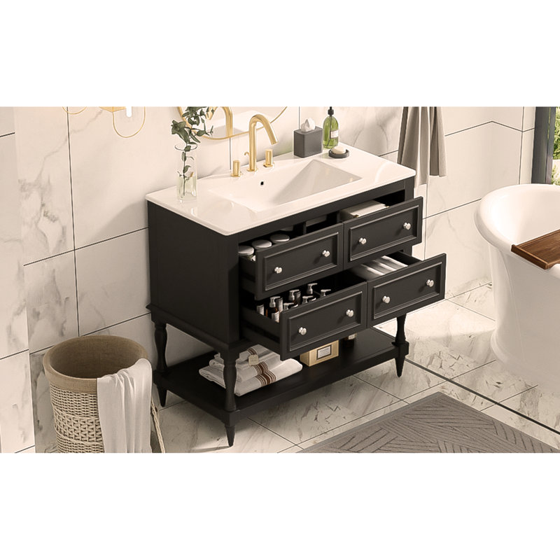 Ensemble de meuble-lavabo 36 po avec lavabo sous-comptoir en céramique, meuble-lavabo autoportant avec 4 tiroirs et structure en bois massif