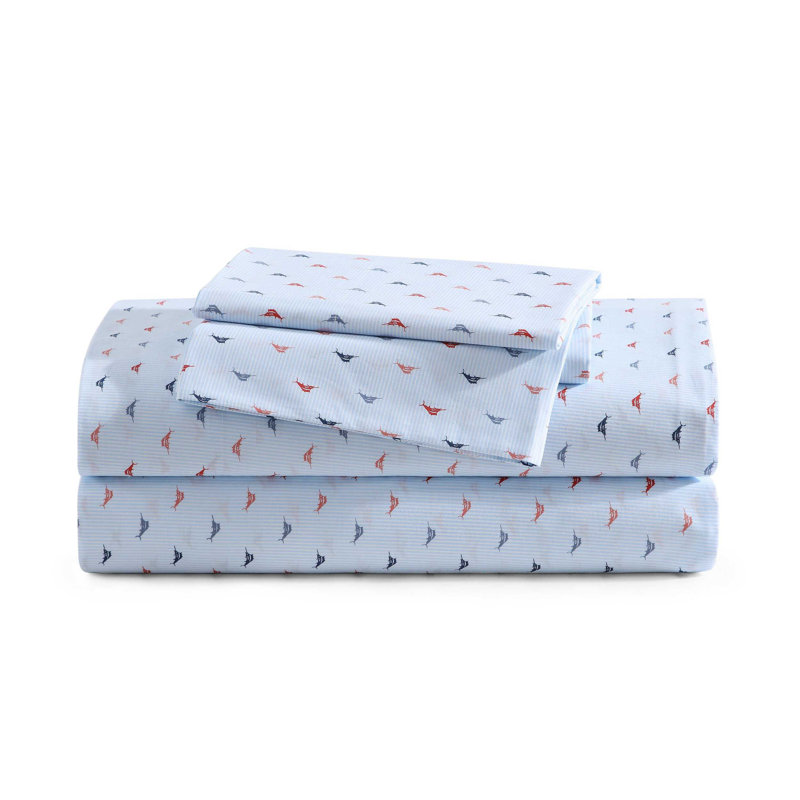 Tommy Bahama Printed Percale Cotton Sheet Set, Queen Sheet Set with 2 Pillowcases, Iconic Marlin Blue