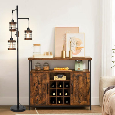 Industrial Floor Lamp 65 Inch Metal Wood 1 Piece Black Brown Dimmable Multi-Head