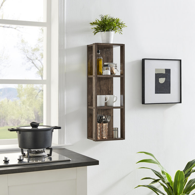 Recife Vertical Three-Tier Modern Shadow Box Cube Display Wall Shelf - White/Black, Hickory