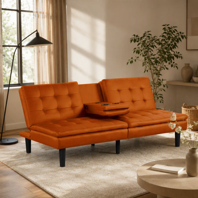 Contemporary Style Futon Sofa Bed with USB Chargers, Biscuit Tufting, and Drop-Down Table for Comfort and Convenience