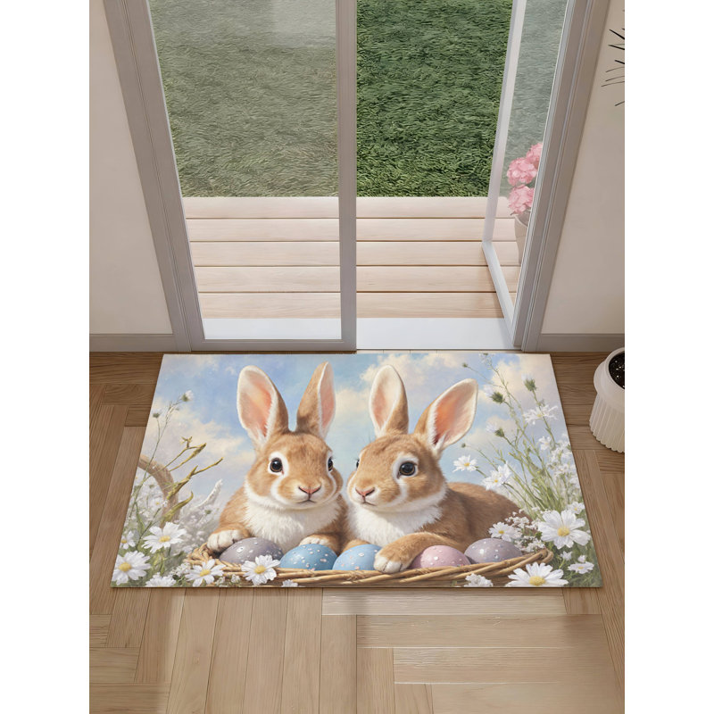 Tapis de bain 24 po x 36 po antidérapant, paire de lapins avec œufs de Pâques, chambre d'enfant et salle de bain