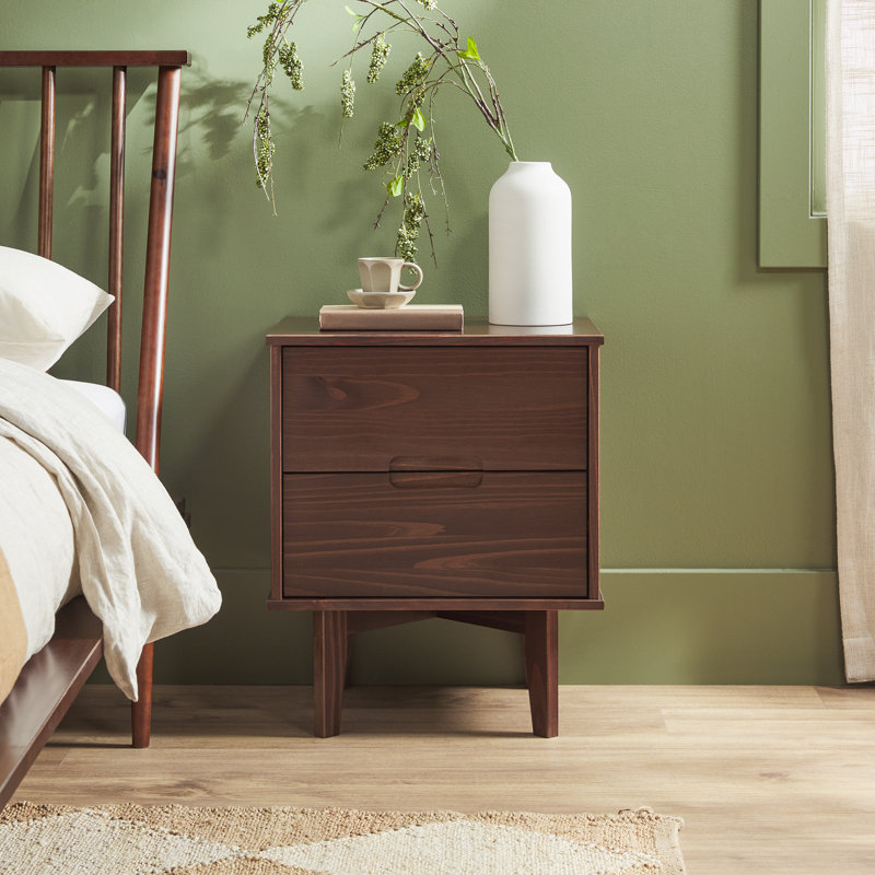 Solid Wood Groove Handle 2-Drawer Nightstand, Walnut