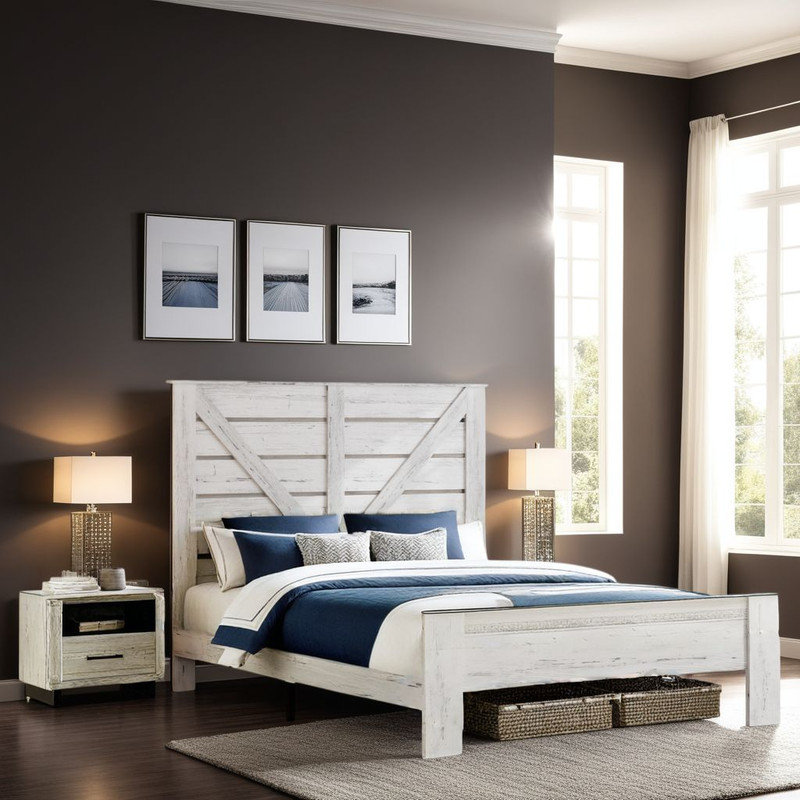 Industrial Bed Frame, Wood Platform Bed Frame, Noise Free,No Box Spring Needed and Easy Assembly Tool, White, King