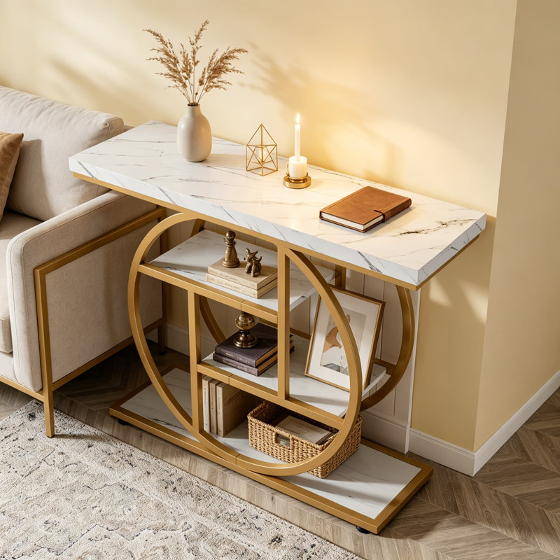 Console industrielle 41,3 po avec rangement à 4 niveaux, base circulaire, canapé d'entrée étroit, décor blanc et or