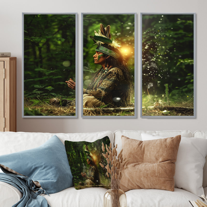 Shaman Of The Forest Sunset - Native American Wall Art, ensemble d'impression, Encadrement argenté