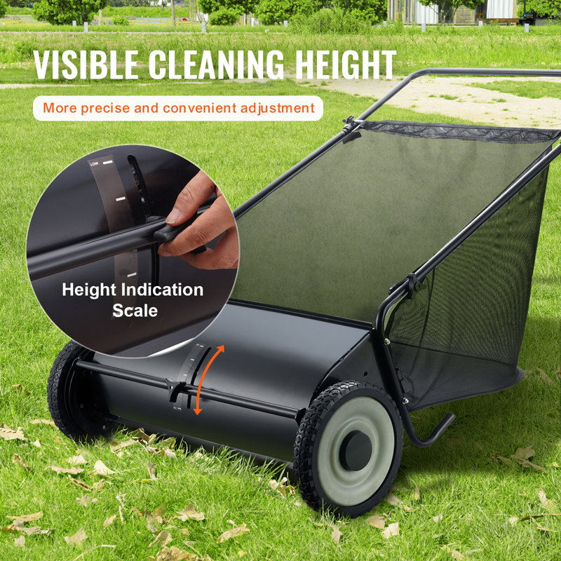 Push Lawn Sweeper, 26-inch Leaf & Grass Collector, Durable to Use with Large Capacity 7 cu. ft. Mesh Collection Hopper Bag, 4 Spinning Brushes, Strong Rubber Wheels & Heavy-Duty Thickened Steel