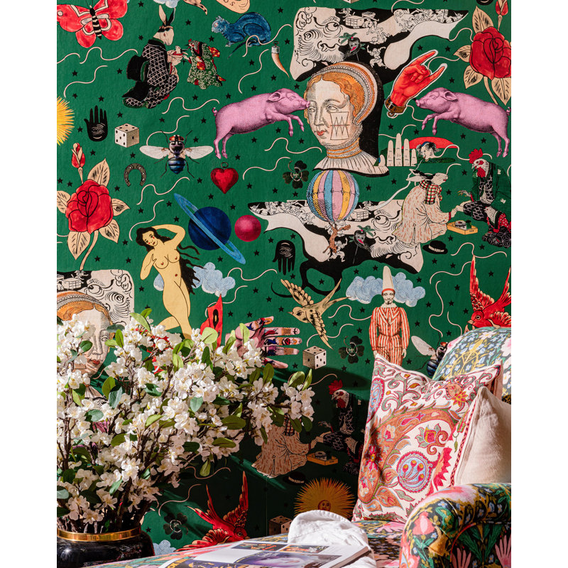 Woodstock Lifestyle Wallpaper Roll, Black/Green/Pink/Red