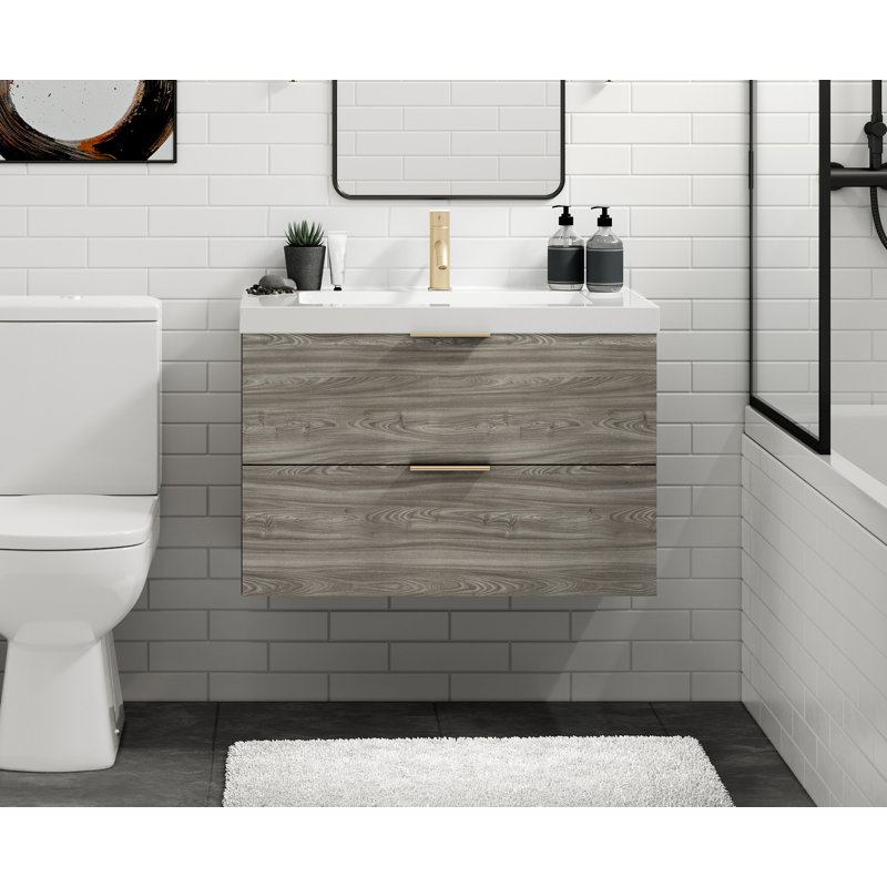 Avila 30" W Wall Mounted Single Bathroom Vanity, Gloss White/8" Widespread, Nimbus, Satin Brass