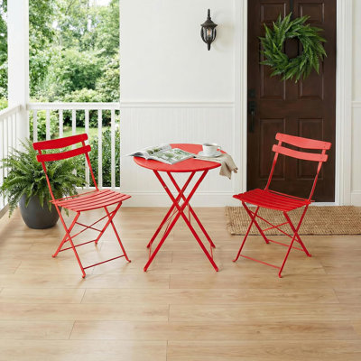 3-Piece Folding Outdoor Bistro Set, Powder Coated Steel Frame Patio Furniture with 1 Table & 2 Chairs, Space-Saving Weather Resistant Foldable Set for Balcony, Garden & Small Yard, Red