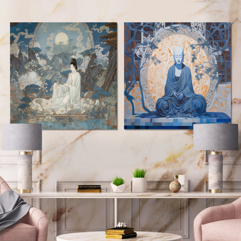 Gros plan sur une statue de Bouddha doré - ensemble de 2 collages spirituels carrés, Toile tendue, H 36 po x l 73 po