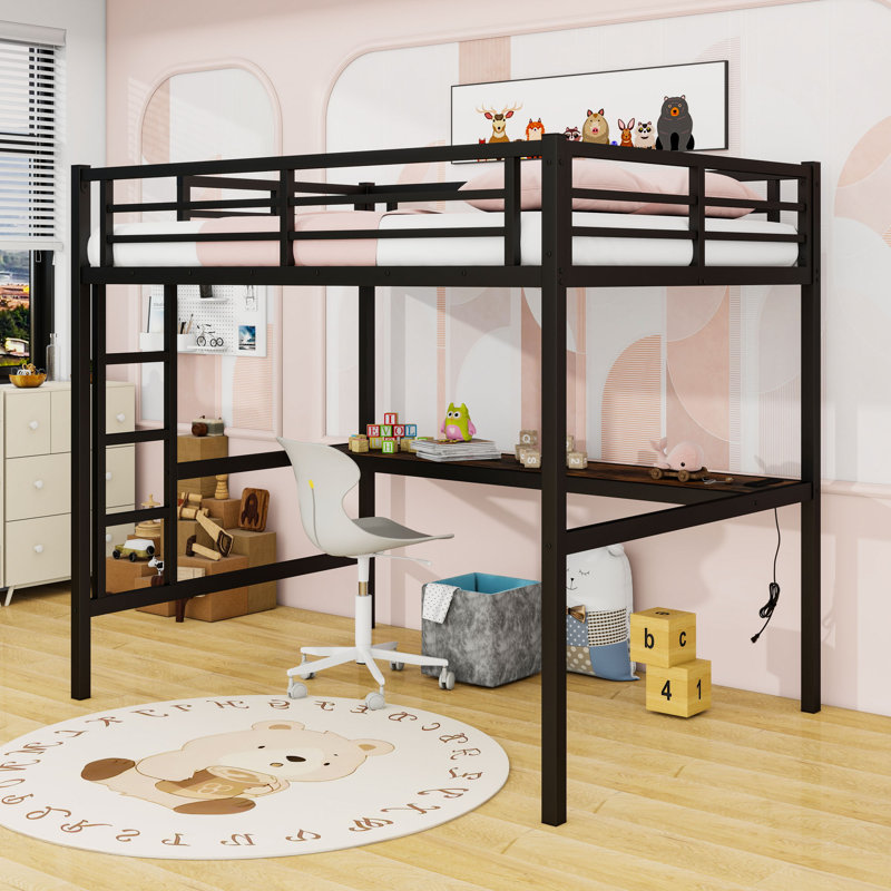 Metal Loft Bed With Built-In LED Light, USB Charging Station And Desk, Full