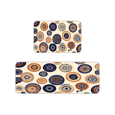 Bohemian Sunburst Kitchen Mats for Kitchen Laundry Room, 2-Piece Set, Orange Blue Beige