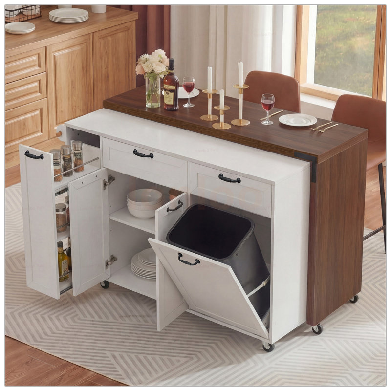 Kitchen Island With Extendable Dining Table, Mobile Cart With Trash Storage, 3-Tier Spice Rack, And Wheels For Versatile Use