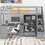 Lit mezzanine simple avec bureau en L et tiroirs, armoire et escalier de rangement, gris