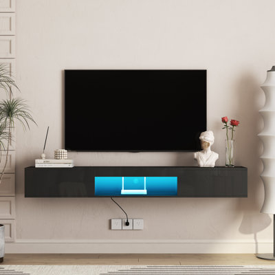 69 Inch Floating Wall Mounted TV Stand With 16 Color LED Lights, Modern Entertainment Center For 55 To 65 Inch Tvs, Black | Gift Idea