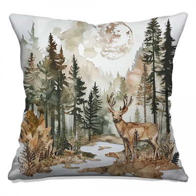 Deer In Forest Landscape Double Sided Throw Pillows