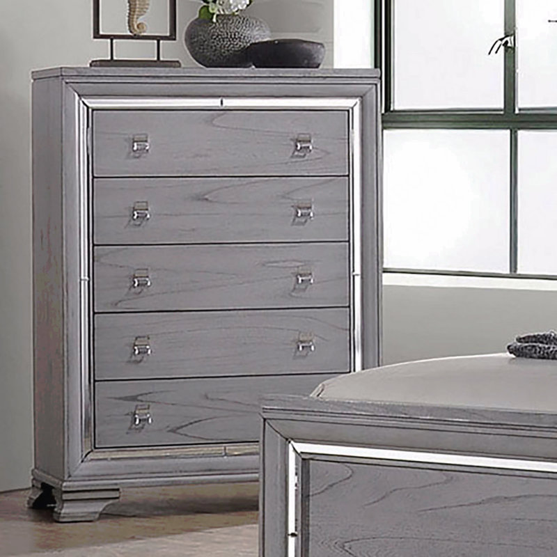 Contemporary Style 1Pc Chest Five English Dovetail Drawers Ball Bearing Glides Mirror Trim