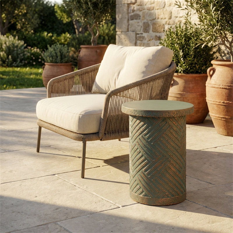 Table d'appoint d'extérieur, petit tabouret en béton avec une finition en pierre patinée, table d'appoint / table basse de style bohémien, table d'appoint décorative, table en forme de tambour, convient pour une utilisation intérieure et extérieure