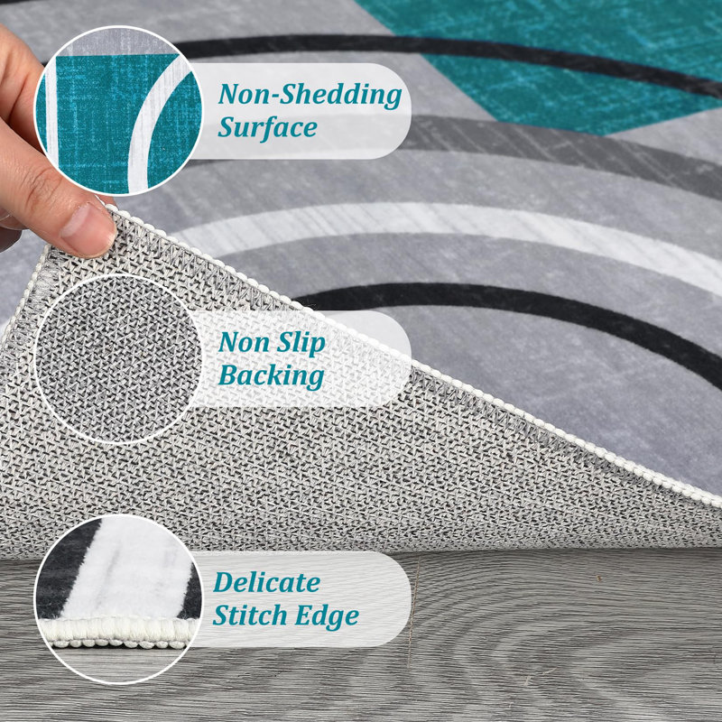 Geometric Machine Printed Area Rug, Teal, Rectangle 80 x 150 cm