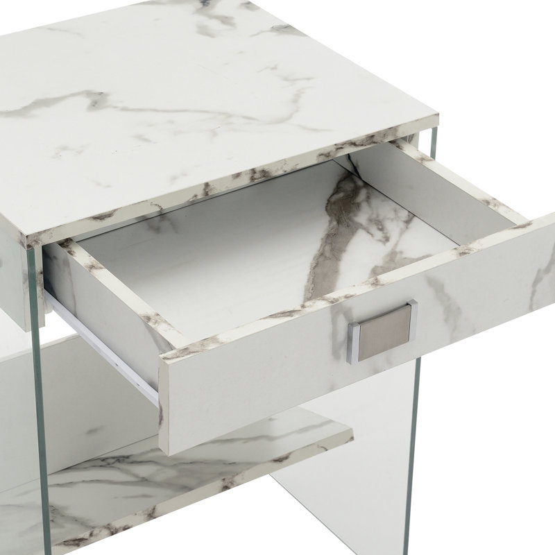 Allegonda 1 Drawer End Table with Shelf, White Faux White
