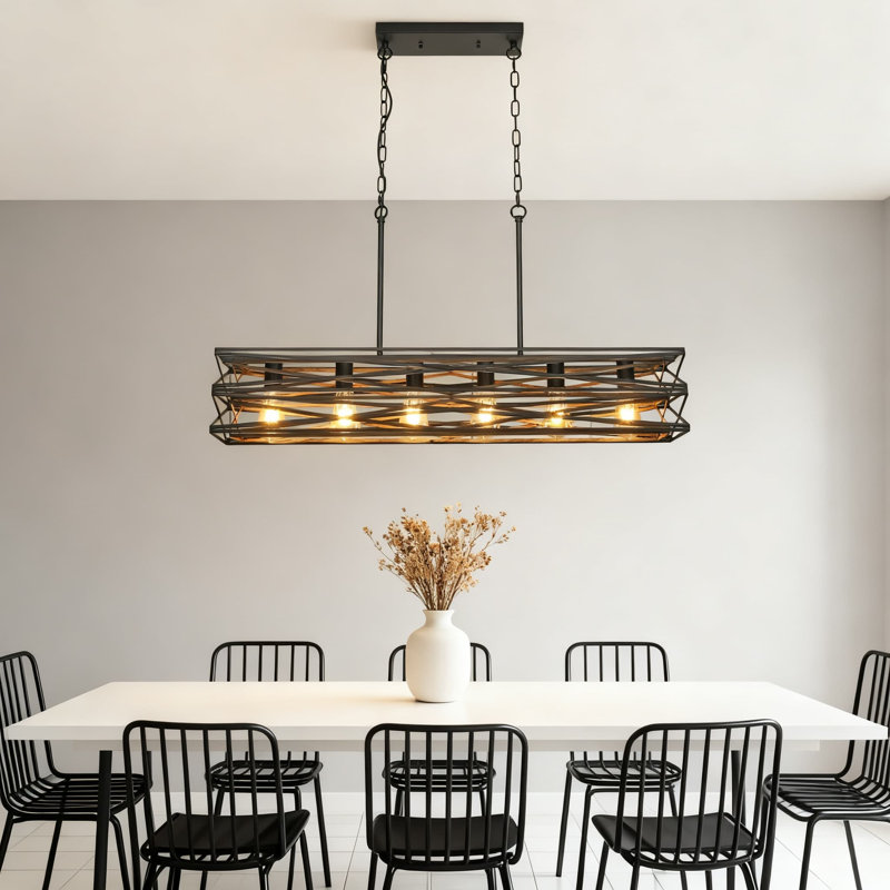 Grand lustre de style campagnard rectangulaire de 40 pouces à texture rétro en bois avec 6 lumières suspendues industrielles noires mat pour salle à manger et îlot de cuisine