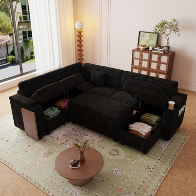 Canapé-lit coulissant de 100 pouces avec ports USB, plateau de table, porte-gobelet et très grand canapé-lit en U