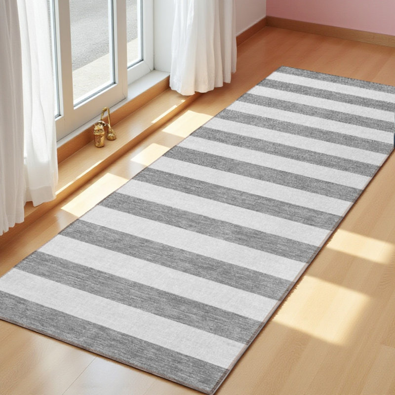 Washable Non-Skid Gray & White Striped Indoor Outdoor Area Rug –Machine-Washable, Durable, Rectangle Design Classic Rugs