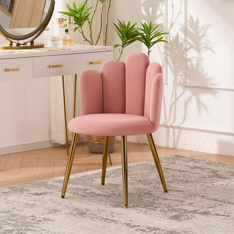 Tabouret de coiffeuse avec dossier en velours et pieds dorés, Rose