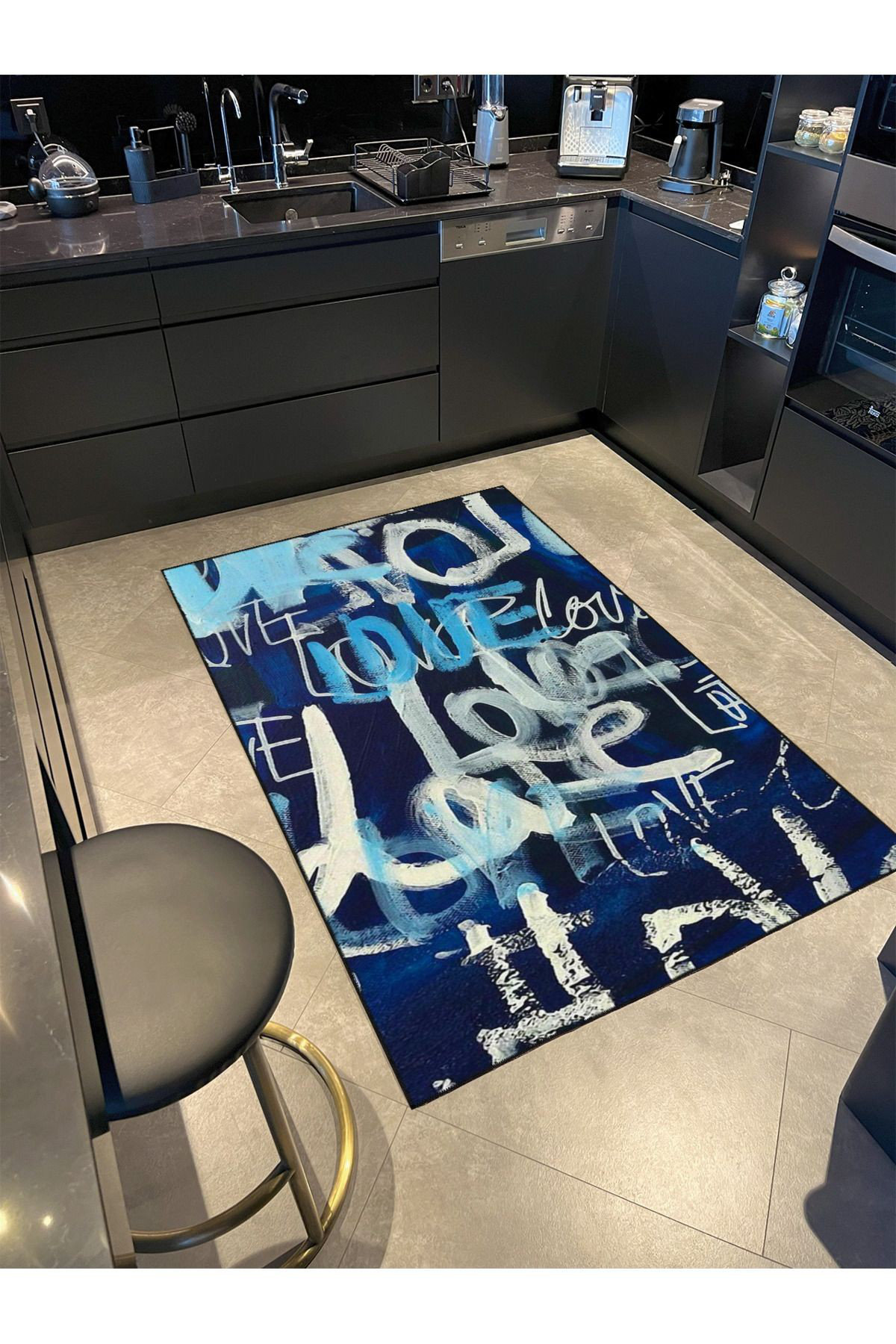 Text On Rug Hokku Designs Machine Washable Bright Text Patterned Blue Woven Base ...