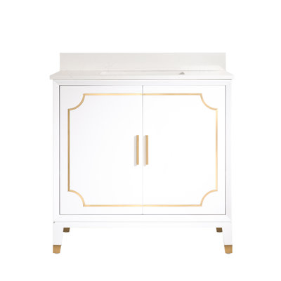 Meuble-lavabo autoportant en bois massif H 35 po x l 36 po avec comptoir en quartz Carrera et lavabo simple