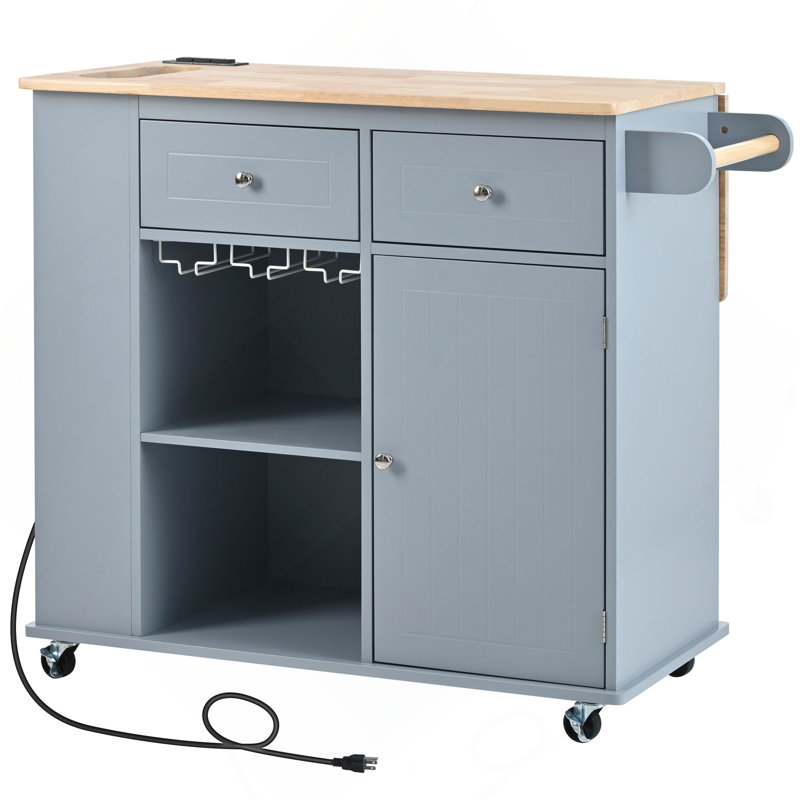 Kitchen Island With Power Outlet,Kitchen Storage Island With Drop Leaf And Rubber Wood,Open Storage And Wine Rack,5 Wheels,With Adjustable Storage For Home, Kitchen, And Dining Room