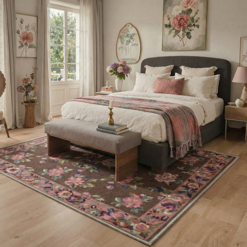 Bellingham Verdant Vintage Floral Machine Washable Pink / Green / Brown Indoor Area Rug with Non-Slip Backing