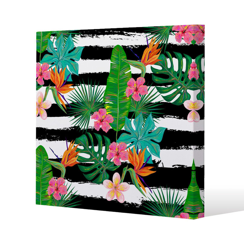 Tropical Plants on Stripes Slim Style Canvas Print , 15mm Slim Real wood., 40 cm H x 40 cm W